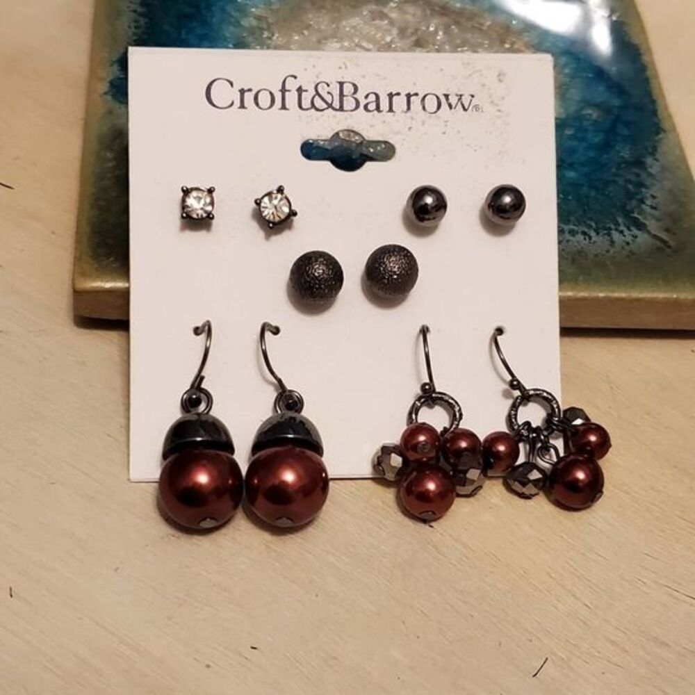 Croft & Barrow 5 Pair Earring Set Burgundy Faux Pearl Gunmetal Rhinestone Studs